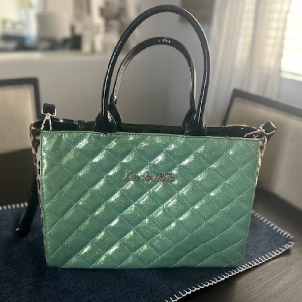 Lux De Ville Green Sparkle and Leopard Lucky Me Large Tote